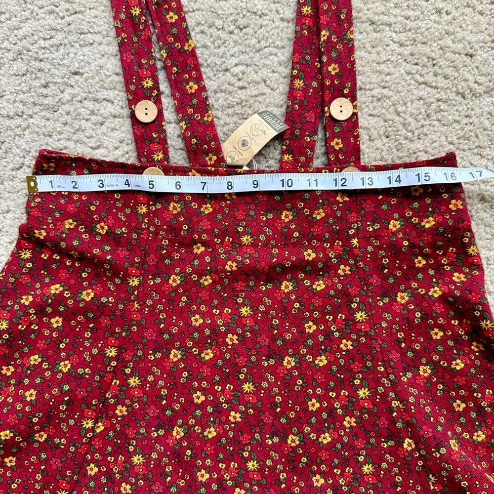 Floral Organic Cotton Pinafore Burgundy Dress, Adjustable Suspender Mini Dress L - Picture 11 of 12
